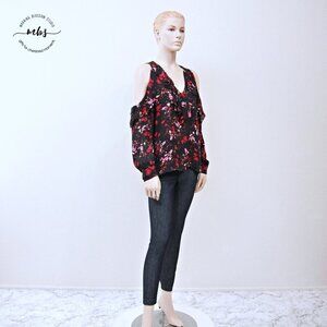 Parker Roland Canna Silk Floral Ruffle Cold‎ Shoulder Blouse Black Red Women S